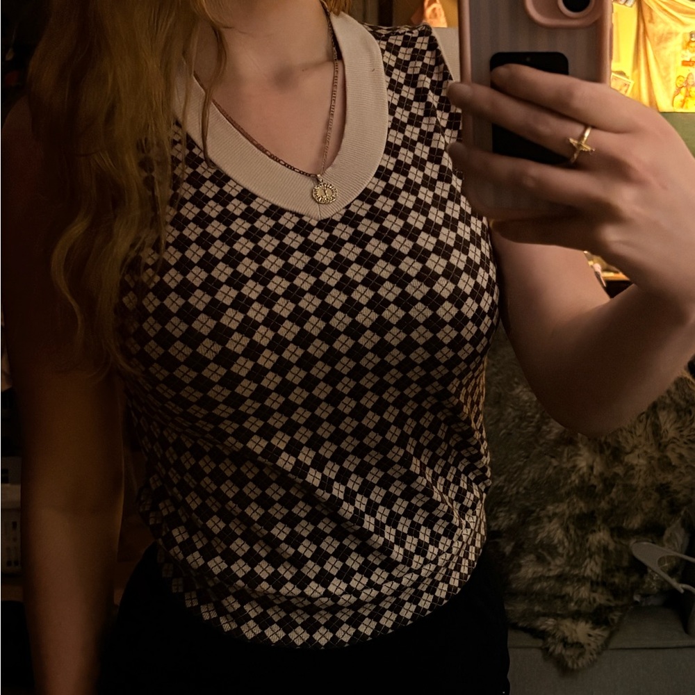 Checkered Sleeveless Top - Cream and Brown